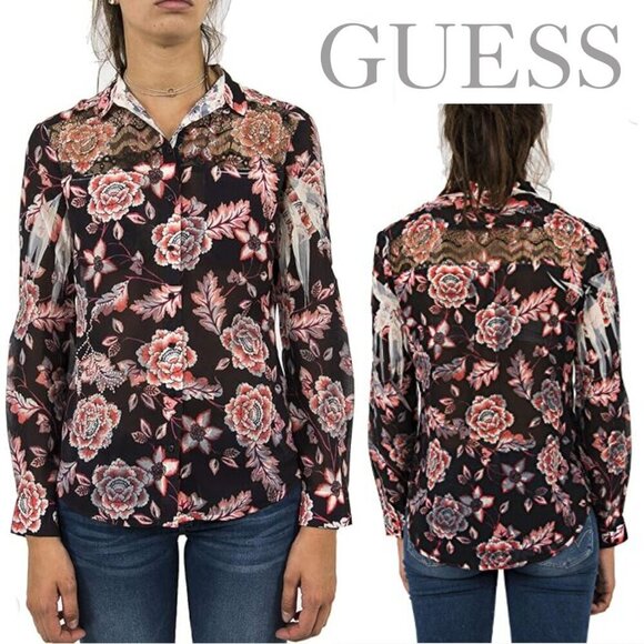 GUESS Nira Chiffon Semi Sheer Floral Rhinestone Detail Long Sleeve Button Down S - Picture 14 of 15